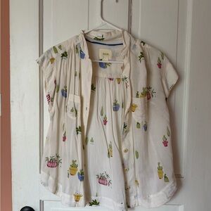Maeve Anthropologie White Button-Up Shirt with Plant Print